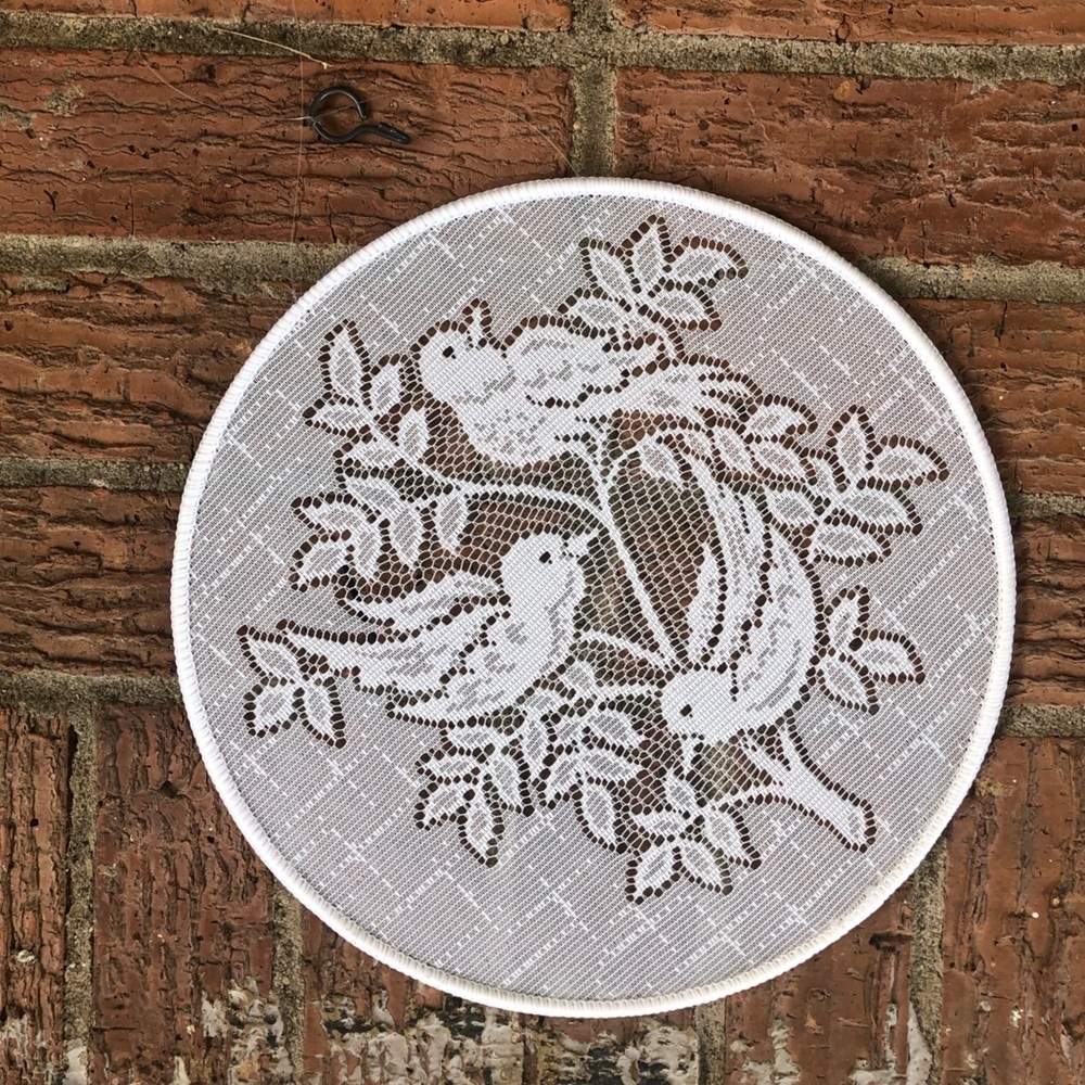 Framed White Semi Sheer Lace Sparrows on a Branch Ready to Hang